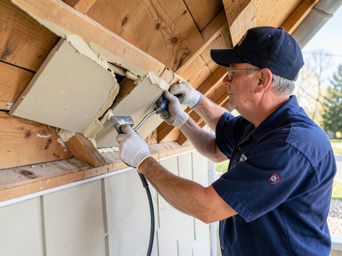 Technician sealing air gaps in a home attic